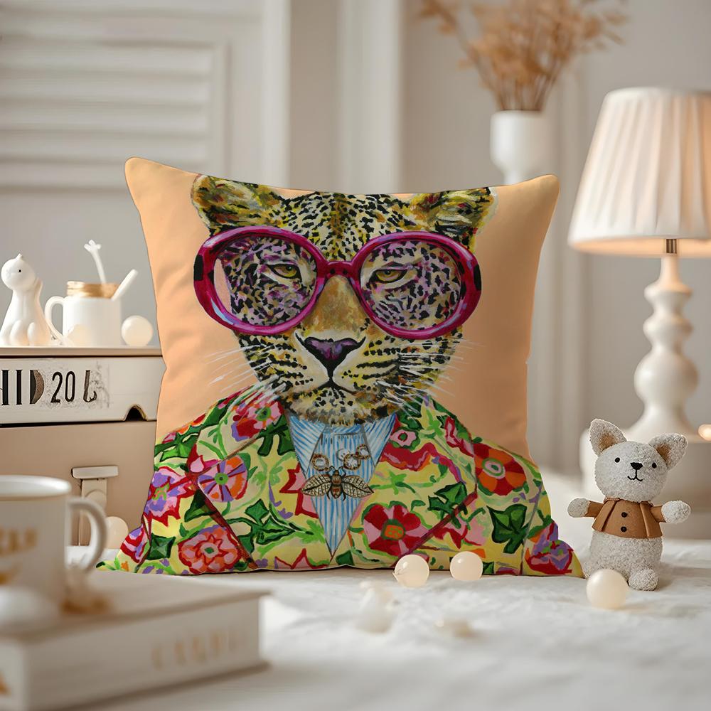 Rich Pink Lion Animal Jewelry Cheetah With Cushion Cover Anti-dustmite Pillowcase Invisible Zipper Silky Short Plush Sofa Cushio