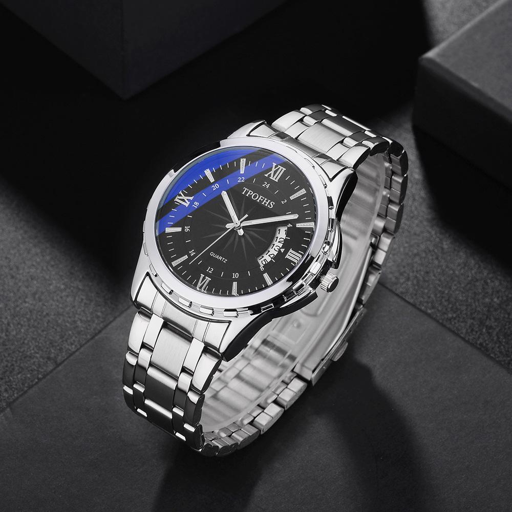 Blue Classic Light Steel Strap Mens Watch Waterproof With Calendar Function Movement Quartz