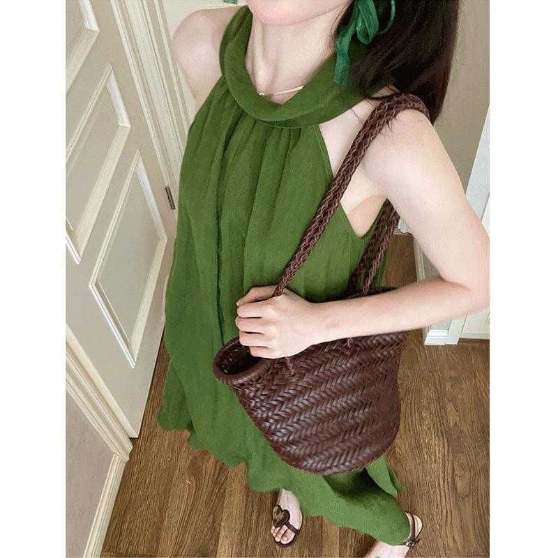 French Lazy Style Green Halterneck Off-the-Shoulder Dress Women's Summer New Temperament Resort Dress