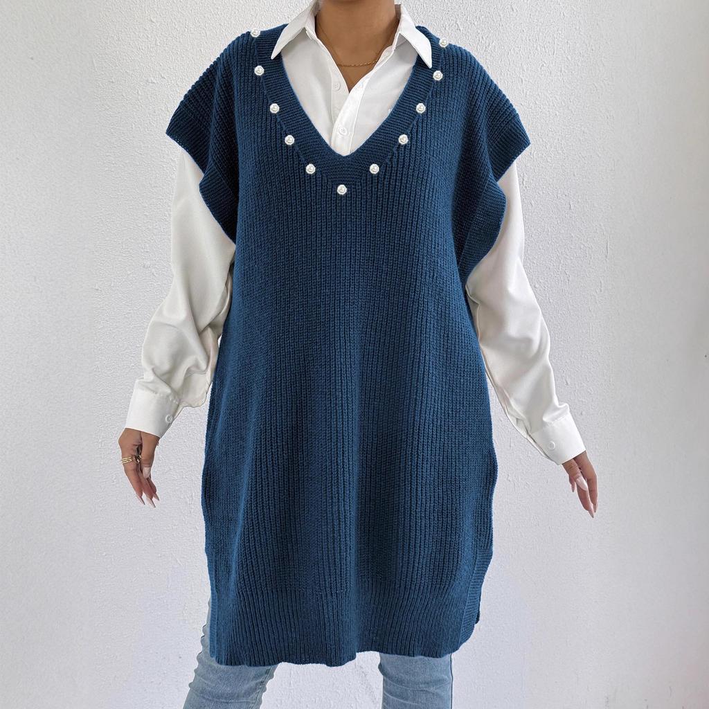 Ladies' Loose Sweater Dress, Vest Dress, Deep V-neck Beaded Sweater, Waistcoat