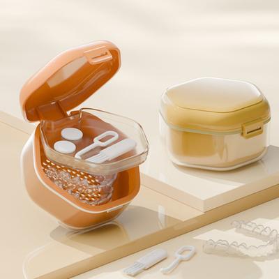 Double Layers Retainer Case Portable Soaking Denture Bath Box with Strainer Basket Invisible Brace Mouth Guard Dental Aligner Container Holder