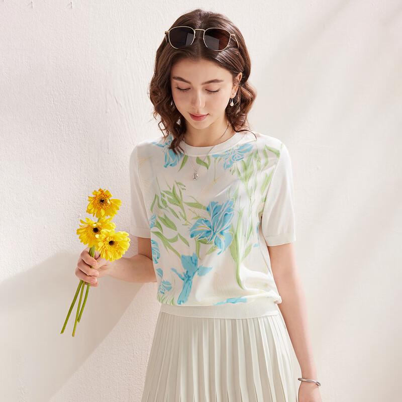 Women's Mulberry Silk Blend Floral Print Short-Sleeve T-Shirt