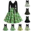 Women's St. Patrick's Day Print V-Neck Slim Fit Long Sleeve Swing Dress