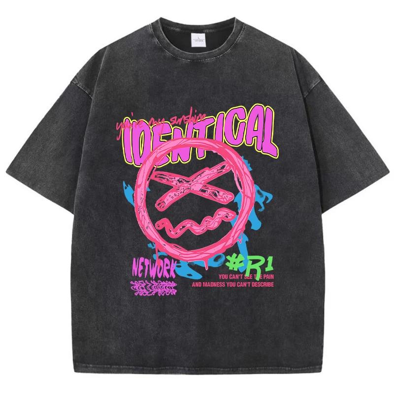 Men's Washed Cotton T-shirt Funny Sad Expression Graffiti Printed T-shirt Summer Street Short Sleeved Oversized Clothing