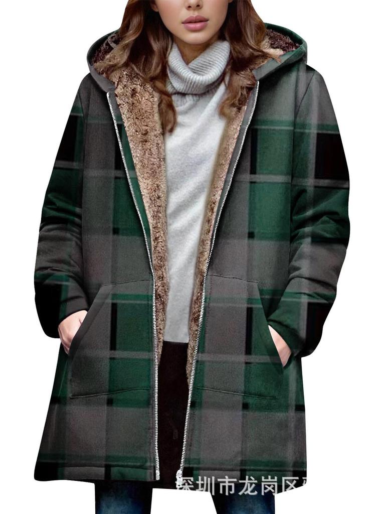 Women's Fleece Hooded Sweatshirt Print Trench Coat Thick Warm Top