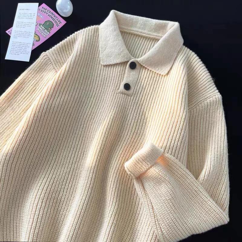 Men's Loose Fit Lapel Sweater - Trendy Hong Kong Style, Versatile Long Sleeve Solid Color Knitwear for Autumn and Winter.