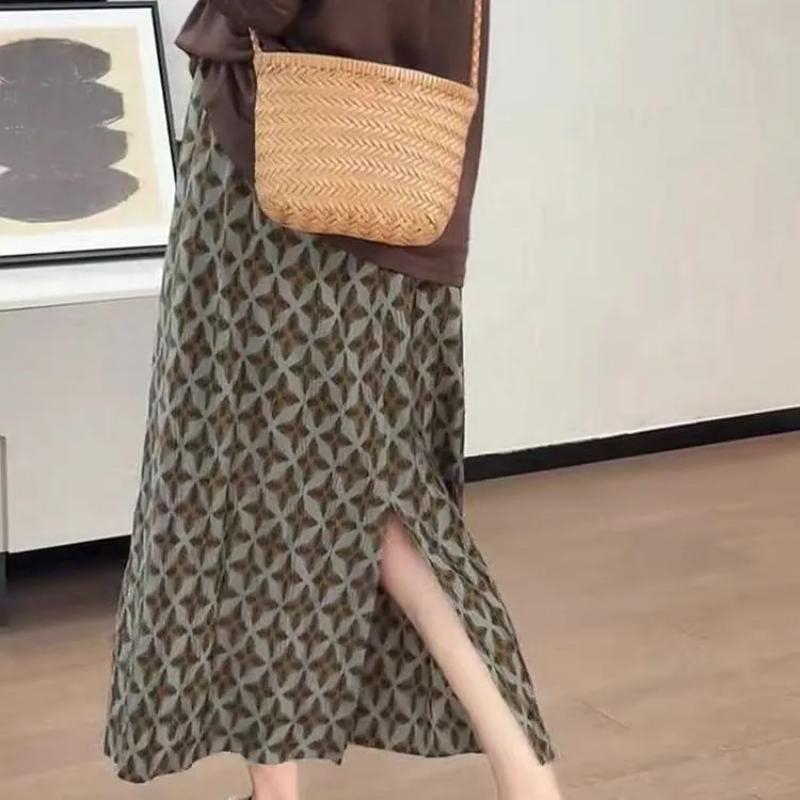 Womens Geometric Print Elastic Waist Midi Skirt M коричневый