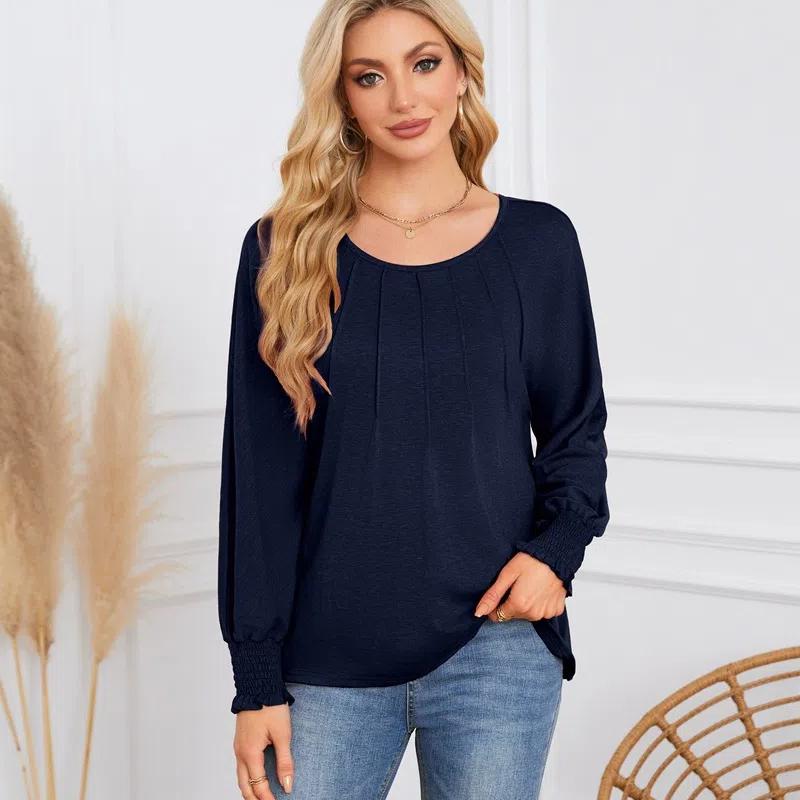 2026 New Women's Pleated Long Sleeve T-Shirt, Round Neck Casual Solid Color Blouse for Autumn Winter
