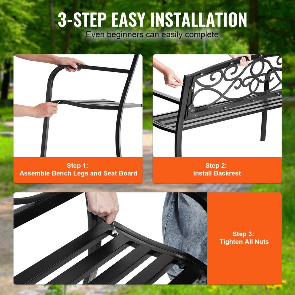 Outdoor Bench, 50 Inches Metal Garden Bench for Outdoors, 550 Lbs Load Capacity Bench, Outdoor Garden Park Bench with Backrest and Armrests, Patio