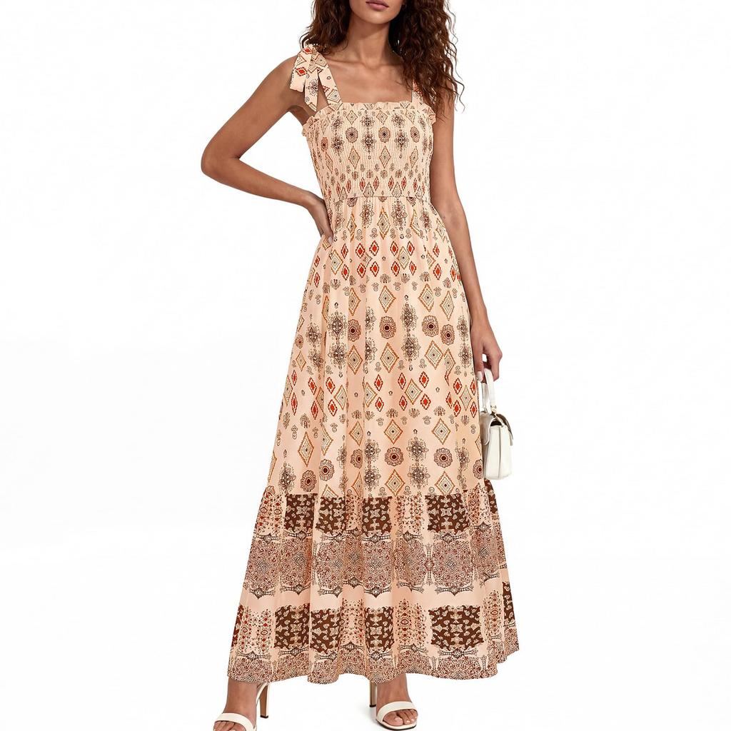 Women's Sleeveless Printed Strap Dress Smocked Waist Maxi Dress Lightweight Bohemian Style Summer Dress with Adjustable Shoulder Ties