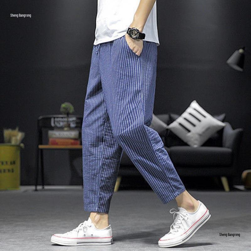Męskie spodnie haremowe w paski: Młodzieżowy Trend Casual Szerokie Nogawki Długość 9/10