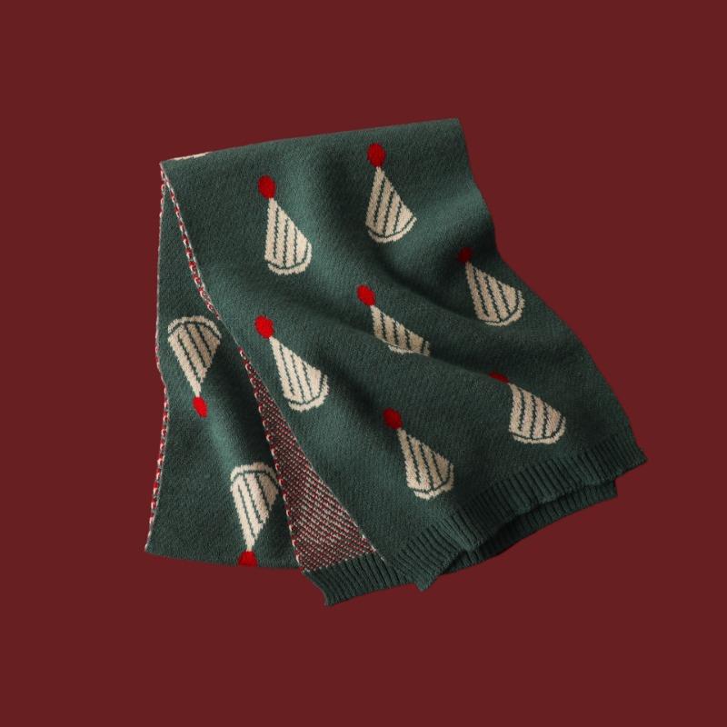 Versatile Christmas Knitted Wool Red Scarf Deer Elk Print Snowflake Warm Personality Couple Scarf Student