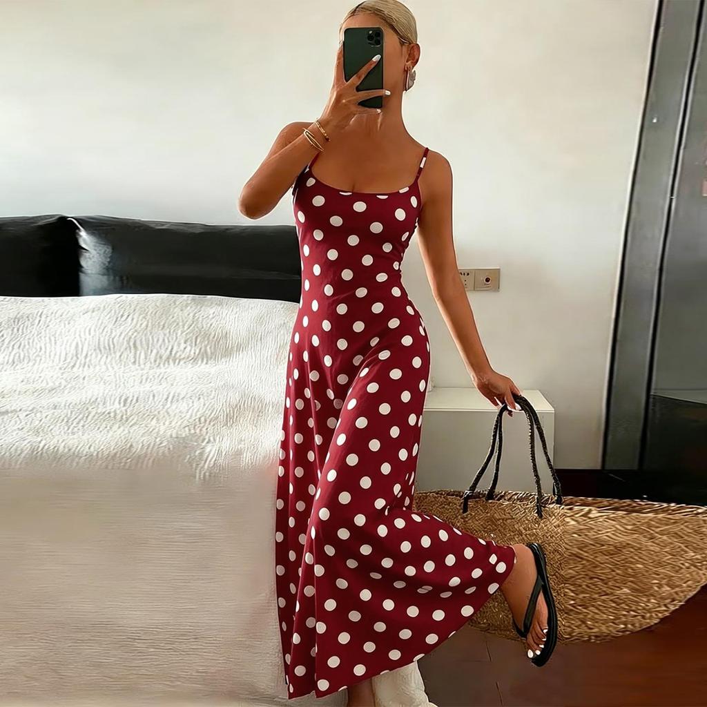 Dámské elegantní maxi šaty s puntíkovaným potiskem, úzkého střihu, na tenkých ramínkách, bez rukávů, letní/jarní outfit