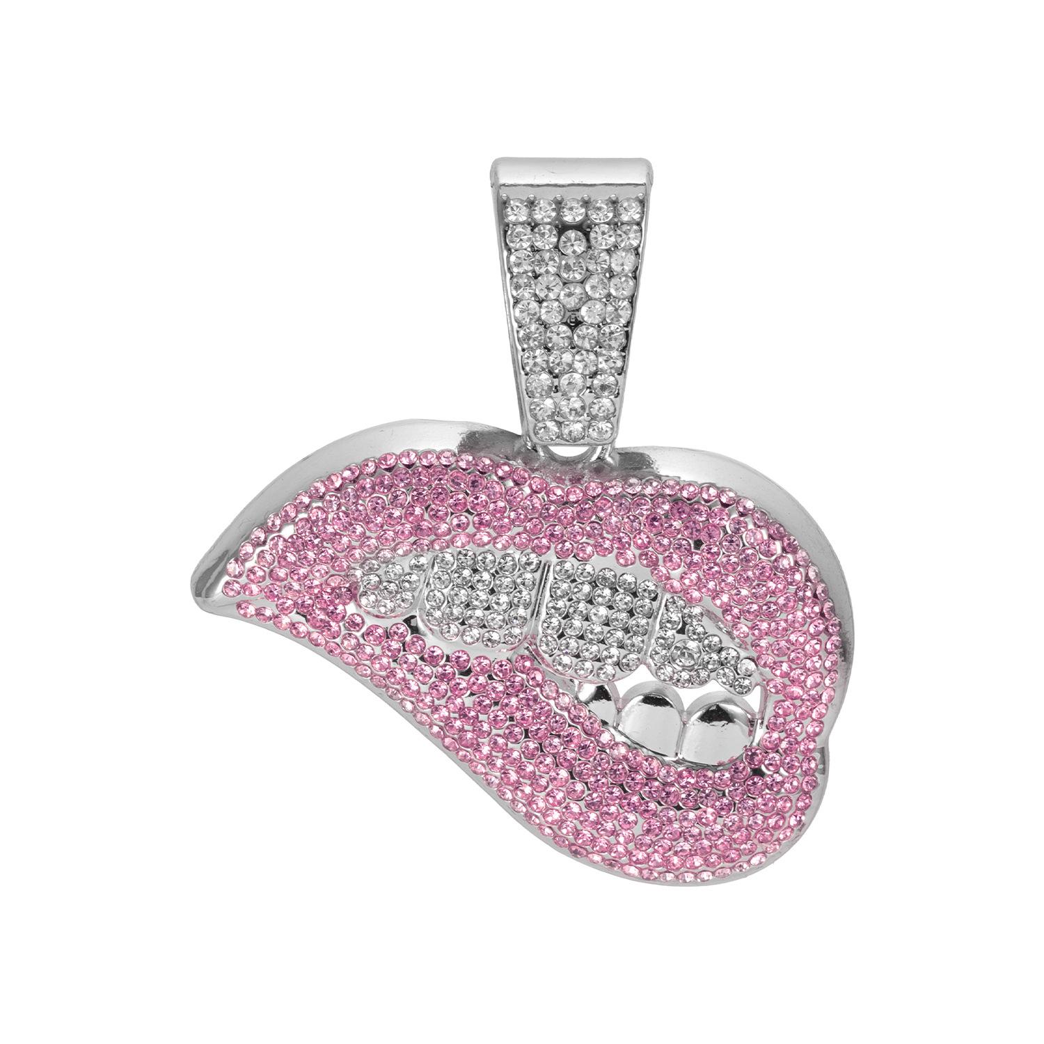 

Men s European & American Hip-Hop Cuban Chain Necklace with Lip Pendant & Full Diamond Zinc Alloy.