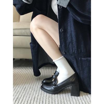 High Sense! French Loafers 2025 Camellia Black Thick Heel High Heel Single Shoes British Style Small Leather Shoes
