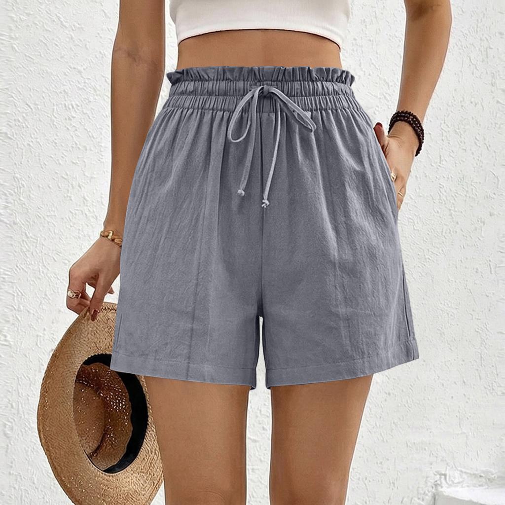 High Waist Drawstring Shorts for Women Loose Fit Elastic Waistband Summer Casual Lightweight Linen Shorts with Pockets