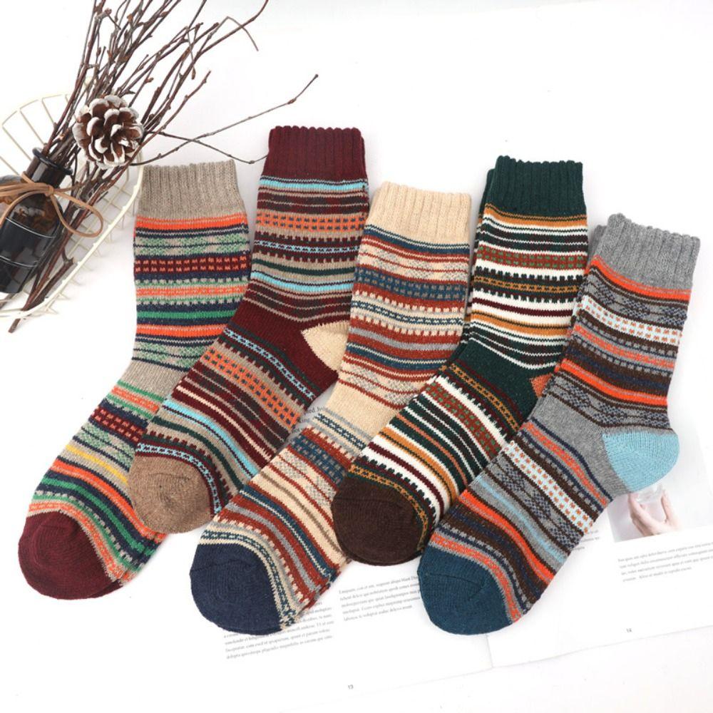5Pairs Stripes Cotton Socks Men Snow Wool Tube Socks Cozy Thicken Socks Winter Hiking