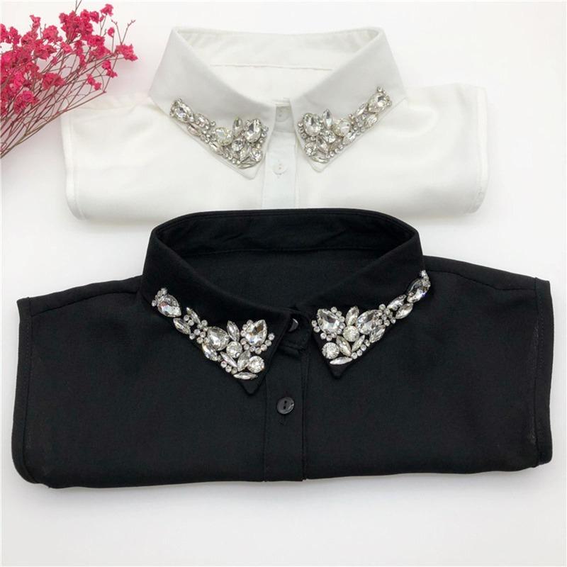 Women's Chiffon Shirt Collar Embroidered Nail Beads Versatile Fake Collar Water Diamond Decoration