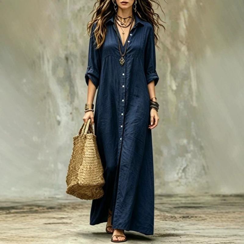 BITCED Fashion Spring Autumn Solid Color Print Long Sleeve V-Neck Casual Dresses
