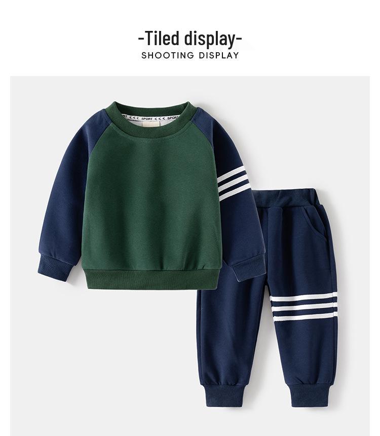 Autumn 2025 Boys' Patchwork Stripe Hoodie & Pants Two-Piece Set