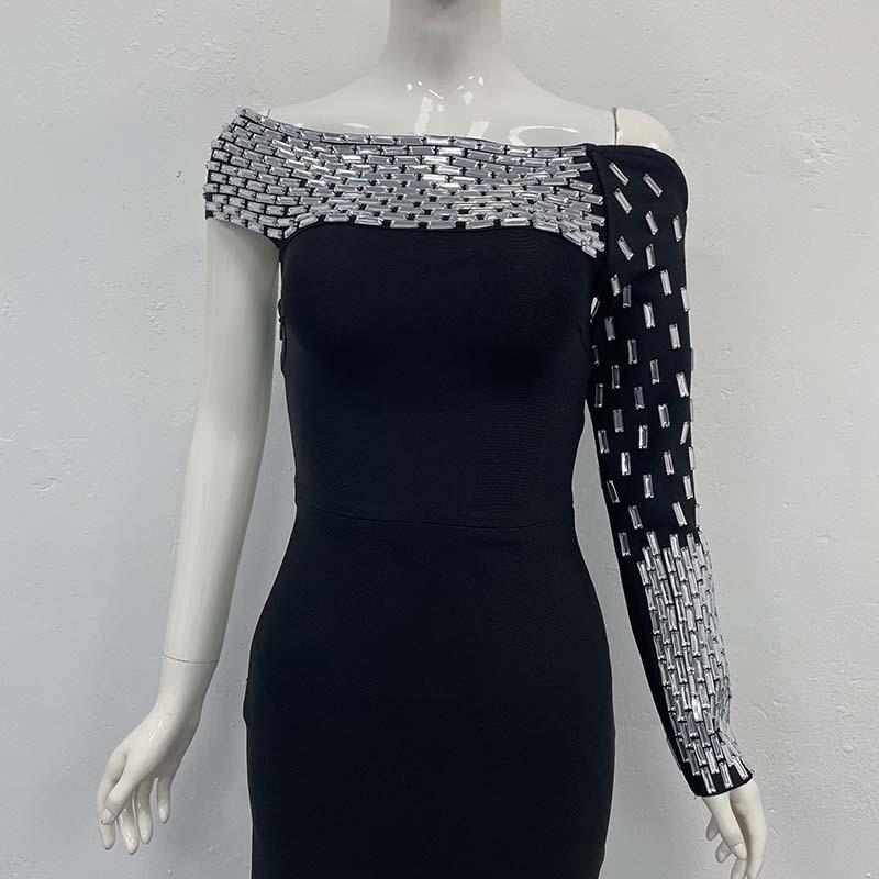 Rochie Bodycon Bandaj Europeană & Americană cu Strass-uri, pe un umăr