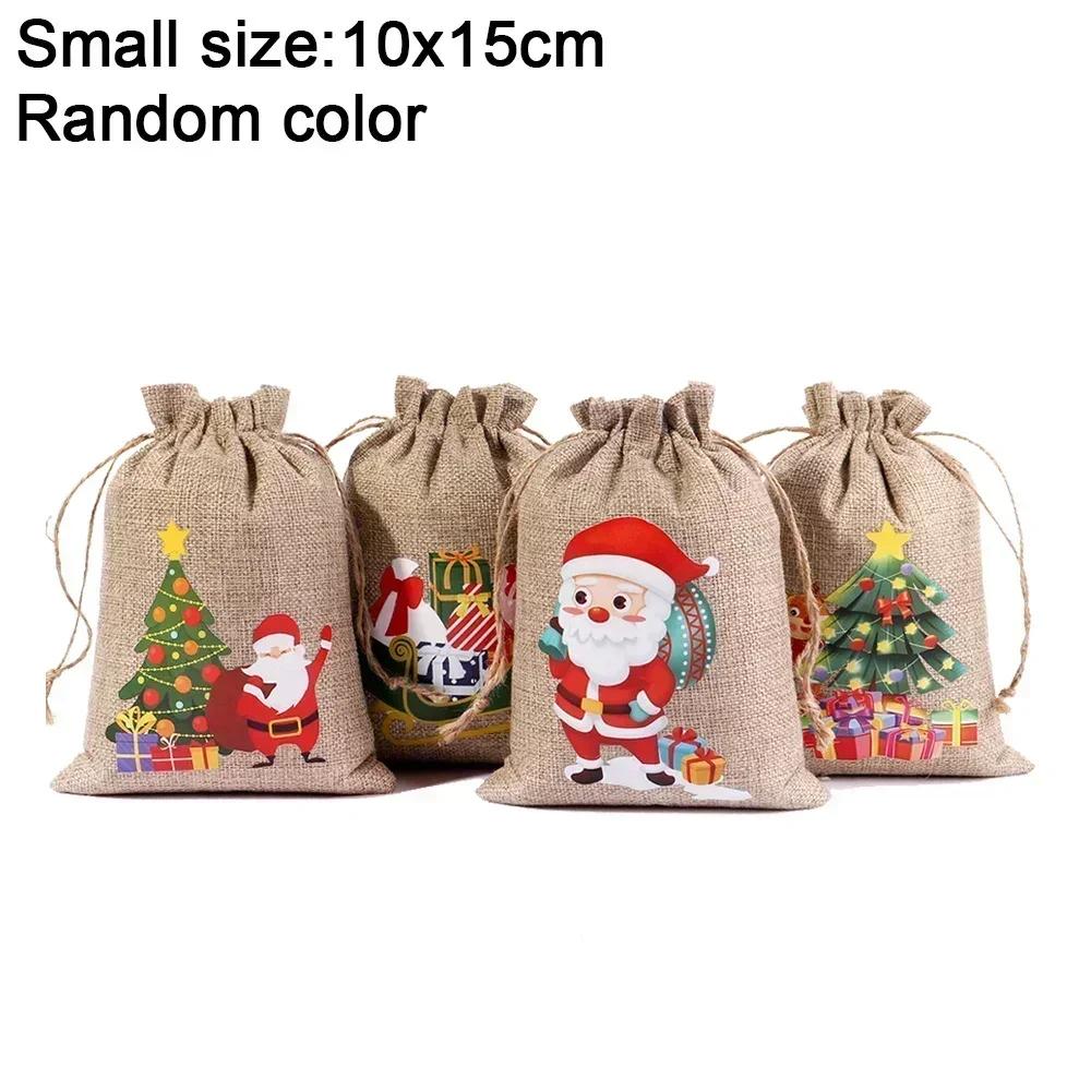 1/30pcs Mini Christmas Drawstring Gift Bags Linen Santa Claus Elk Candy Biscuit Storage Bags Kids New Year Party Packaging Pouch
