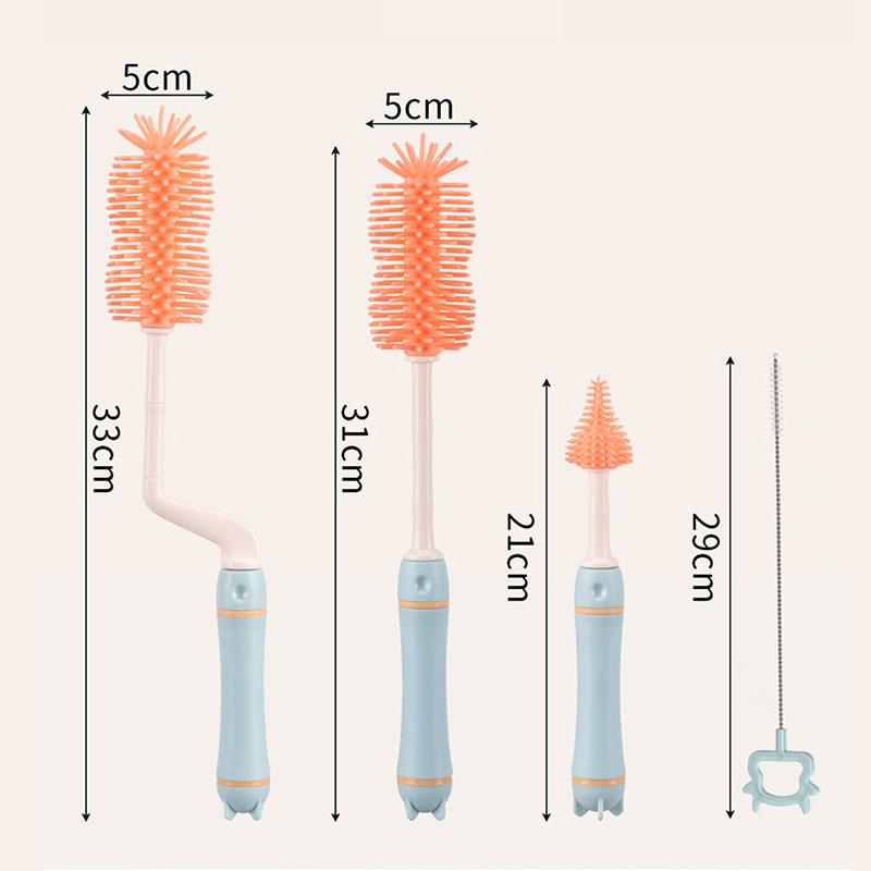 Spazzola per biberon in silicone per bambini Spazzola per pulizia con manico lungo Combinazione di stendibiancheria Set di spazzole per bottiglia di pulizia rotante a 360 gradi