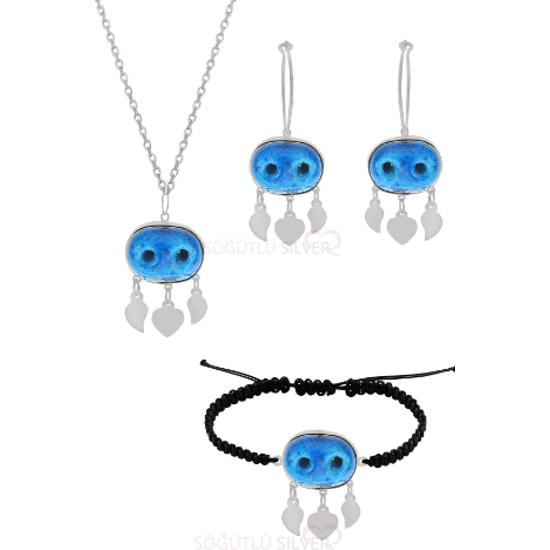 

Gümüş süryani nazar boncuğu kolye küpe ve bileklik üçlü set