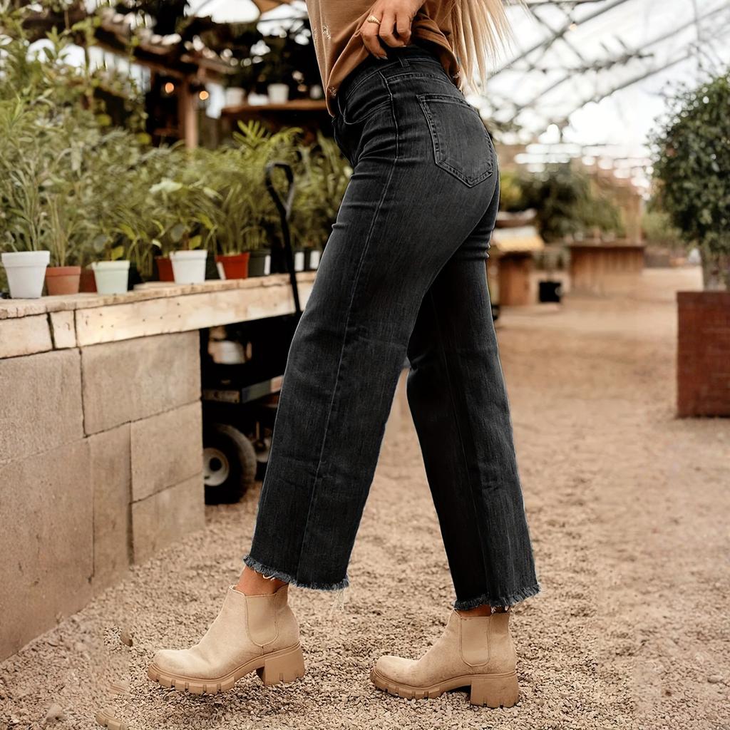 Ladies' Jeans Trend Casual Fashion Straight Leg Wide Leg Mid Waist Casual Fringed Denim Cropped Pants