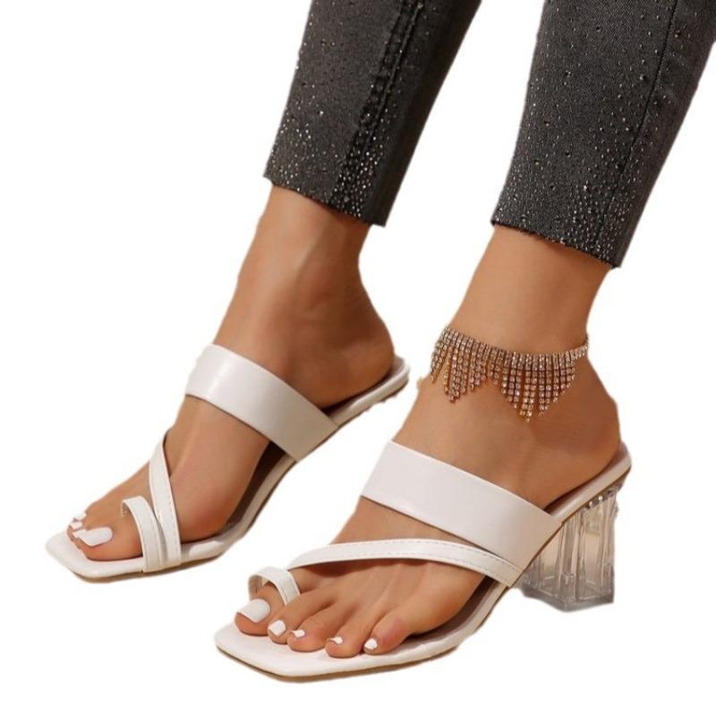 Large Size Hollow High Heel Cool Slippers Women's Summer New Fashion Set Toe Thick Heel Crystal Heel Sandals