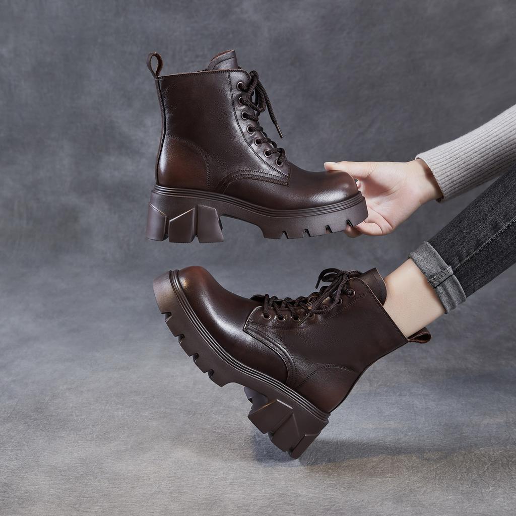 Leather Martin boots women's British style 2026 autumn and winter new single boots retro light luxury thick-soled thin lace-up leather boots