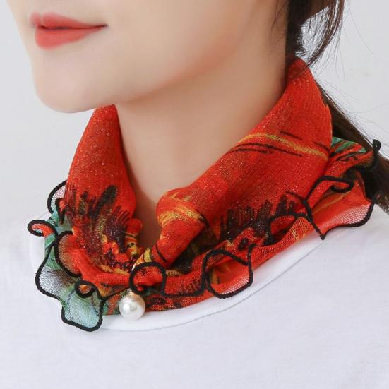 Women Faux Pearl Ruffled Square Scarf Fashion Multi-use Lace Hair Band Gift