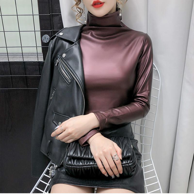 Automne Hiver Pu Cuir Pull Hauts Femmes Chaud Ajouter Velours Faux