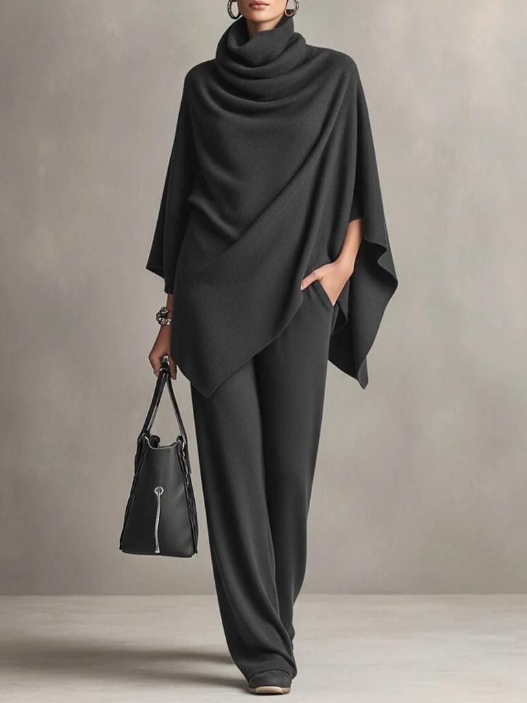 Women's Autumn/Winter Fleece Two-Piece Set: Stand Collar Cape & Wide-Leg Pants