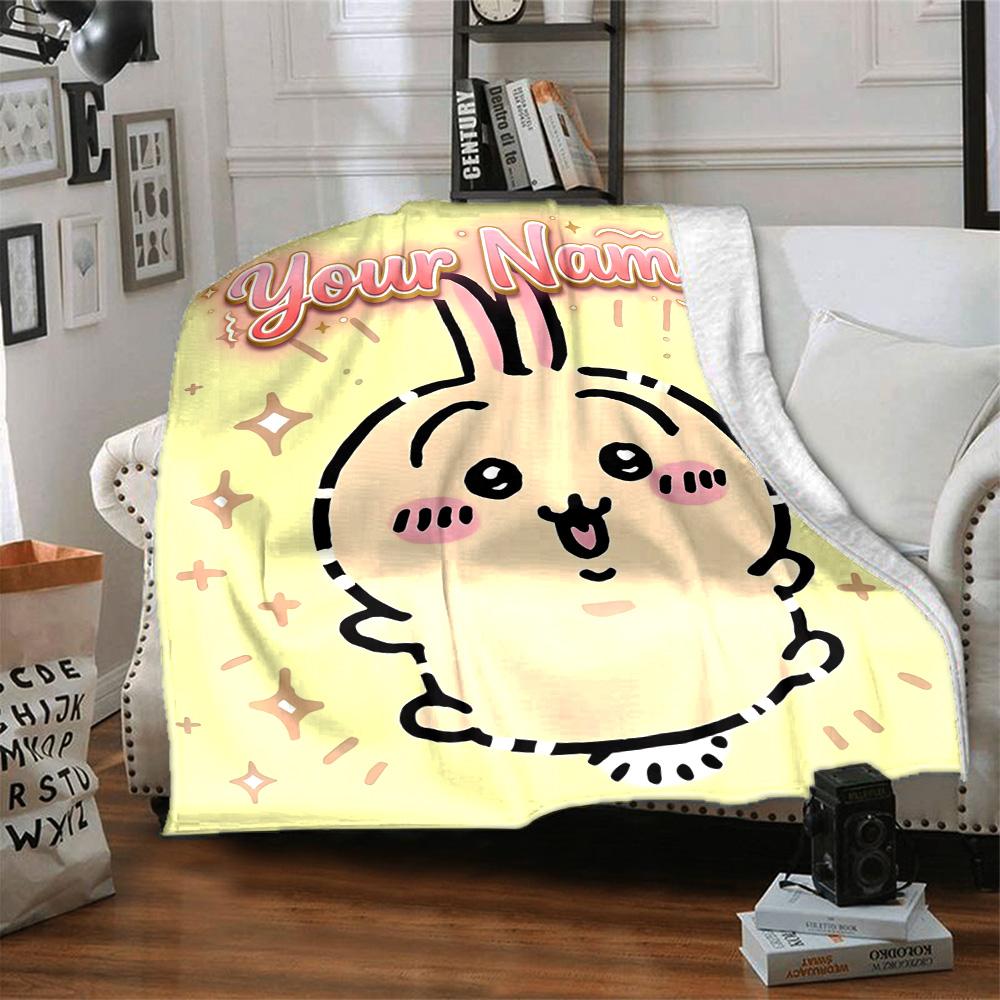 1pc Chiikawa Blanket with Custom Name, Gift, for Men and Women, Soft Blanket, Good for Sofa Bed Couch Travel, Lightweight Flannel Blanket
