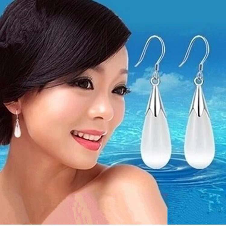 925 Sterling Silver Crystal Cat's Eye Water Drop Dangle Earrings - Korean Style for Women