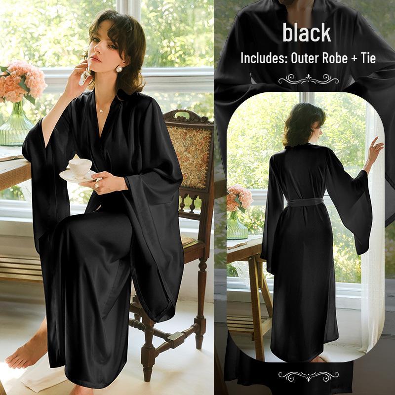 Sweet Satin Open-Front Robe: Deep V, Light Luxury, Tie-Waist, Wide Sleeves Homewear.