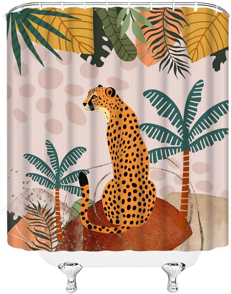 Orange Cheetah and Tropical Leaves Pattern Waterproof Shower Curtain 180x200cm - Jungle Animal Print Bath Curtain for Home Decor