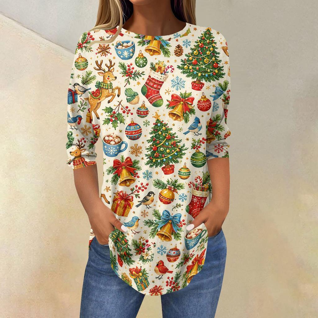Camiseta Feminina de Natal Estampada com Manga Três Quartos e Gola Redonda Casual para Festas