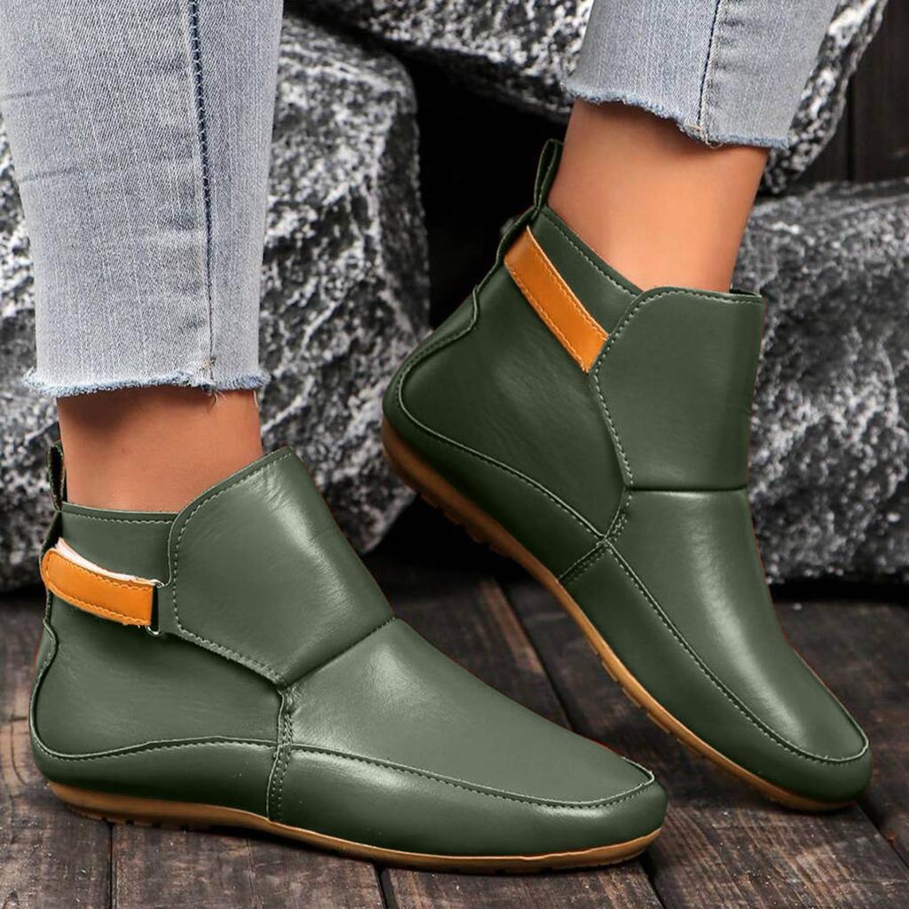 Women's Short Shoes Fashion Casual Flat Solid Color Leather Outerwear Ankle Boots Flat Boots for Women Toe