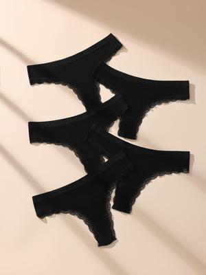 5 Pièces Strings Femme Sexy Dentelle Culottes Taille Basse Sous-vêtements Culottes Filles G-String Respirant Culotte Dame Noir Lingerie Féminine S-XL