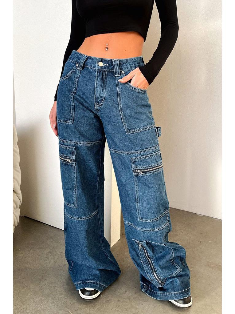 Women s High-Waisted Retro Cargo Jeans - Wide Leg, Floor-Length, Spicy Style Large темно-синий