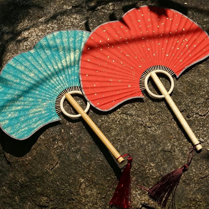 Handmade Hand Fan Handheld Cooling Fan Photograph Props Chinese Styles Fan with Long Handle for Cosplay Dances Party