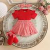 2026 Grenzüberschreitendes Niedliches Sommer-Kleinkindkleid-Set: Kleid mit Puffärmeln im Hahnentrittmuster, Socken und Kopfbedeckung