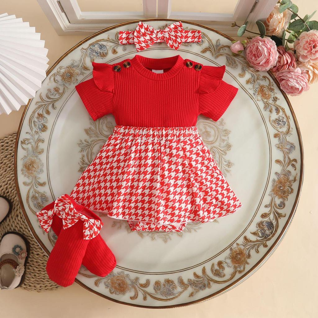 2026 Grenzüberschreitendes Niedliches Sommer-Kleinkindkleid-Set: Kleid mit Puffärmeln im Hahnentrittmuster, Socken und Kopfbedeckung