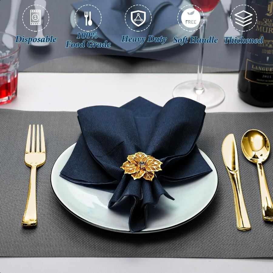 

Набор золотых пластиковых столовых приборов из 25 штук с салфетками, салфетки с льняной текстурой и набор пластиковых столовых приборов золотого цвета, одноразовая посуда с фольгой United States