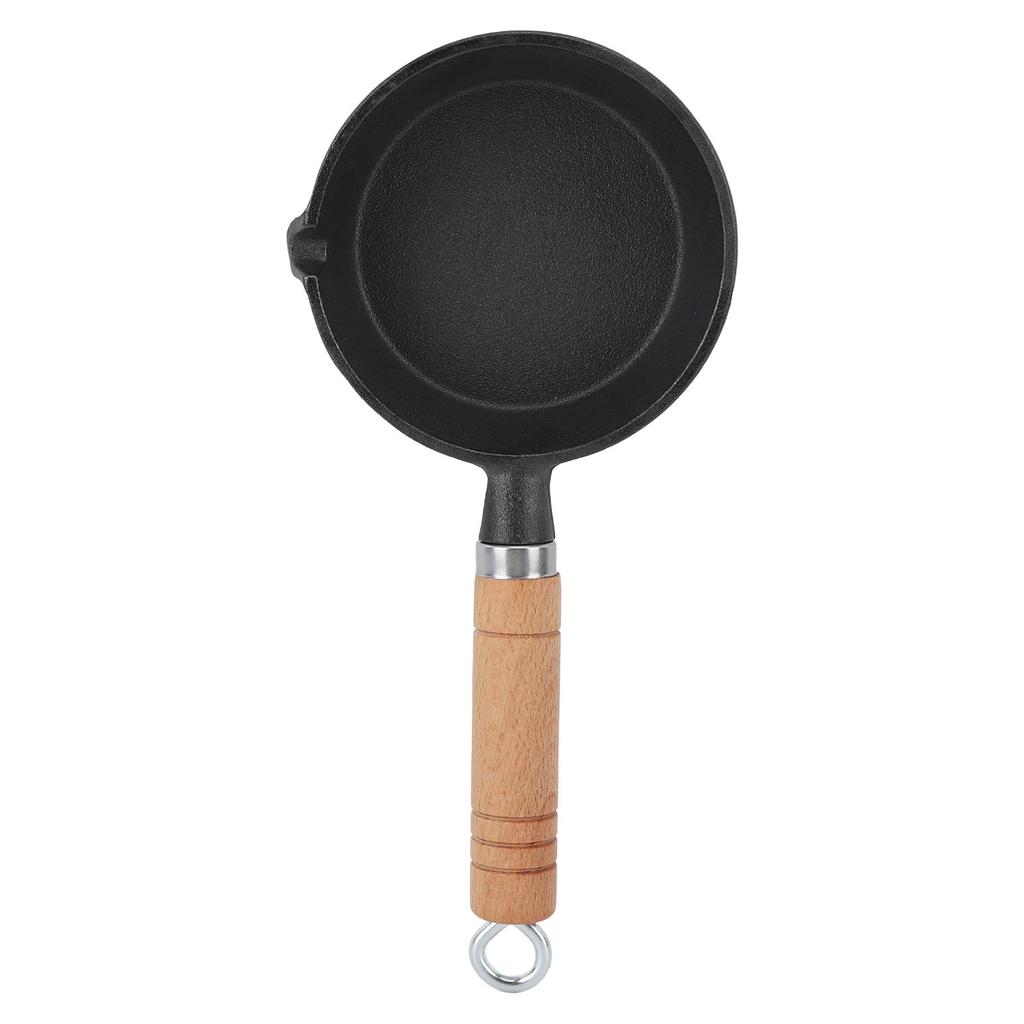 Egg Frying Pan Cast Iron Wood Handle Pre Seasoned Skillet for Indoor Outdoor Cooking
