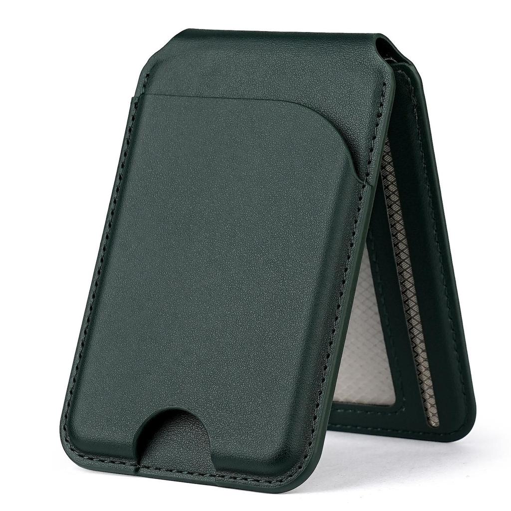European Fashion Magnetic MagSafe Card Holder: Eco-Friendly PU Leather Folding Stand with Metal Hinge.