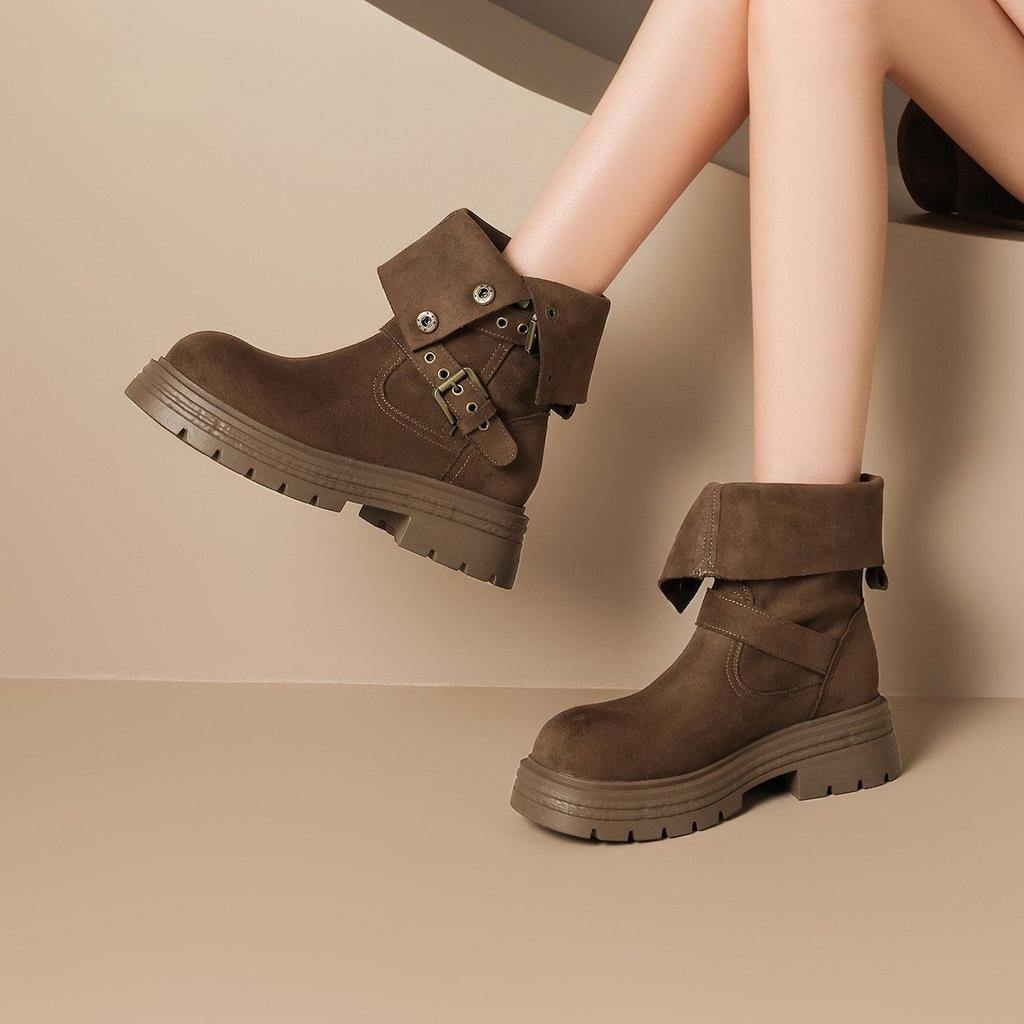 Thick-soled Martin boots women's 0000 new autumn and winter retro thick heel medium boots small height-increasing short boots women's belt buckle