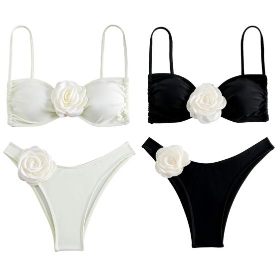 2 sztuk/zestaw damskie bikini z odsłoniętymi ramionami sznurowane sztuczny kwiat wystrój dopasowany kolorystycznie patchwork miękki odpinany